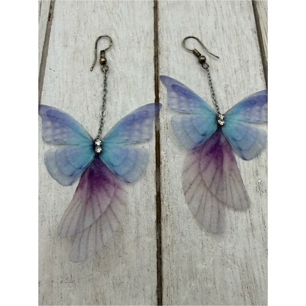Delicate Butterfly cloth Drop Earrings in Blue & Purple